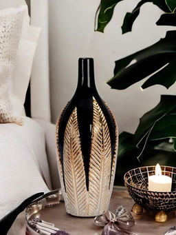 At Home by Nilkamal - Abstract Strips Ceramic Bottle Vase Black & Gold