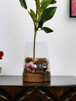 At Home by Nilkamal - Wooden Cylindrical Curve Vase Transparent & Brown