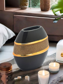 At Home by Nilkamal - Jewel Round Ceramic Vase|20 x 19 cm|Black & Gold