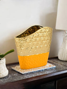At Home by Nilkamal - Wavy Ceramic Vase|27.8 x 25.6 cm|Gold & Mustard