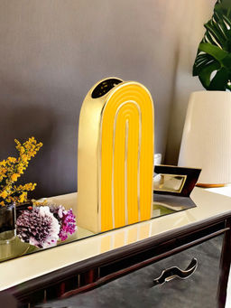 At Home by Nilkamal - Reverse U Shaped Ceramic Vase|15.3 x 27.6 cm|Gold & Mustard