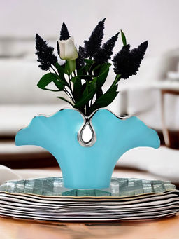 At Home by Nilkamal - Floral Waves Ceramic Vase|32.2 x 17.5 cm|Seagreen & Silver