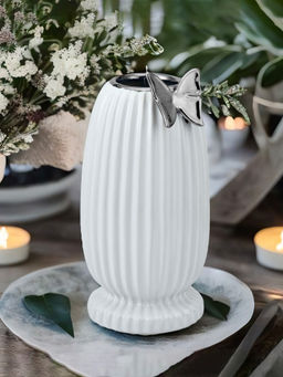 At Home by Nilkamal - Butterfly Tumbler Ceramic Vase|12.5 x 23.5 cm|White & Silver