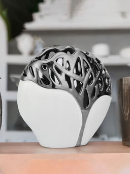 At Home by Nilkamal - Tree Branch Oval Ceramic Vase|21.5 x 20.5 cm|White & Silver