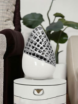 At Home by Nilkamal - Mid Jaali Decorative Ceramic Vase|13 x 29 cm|Seagreen & Silver