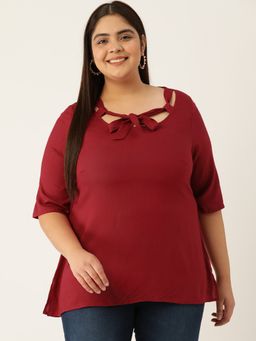 theRebelinme - Plus Size Womens Maroon Solid Color Neck Tie-up Detail Woven Top