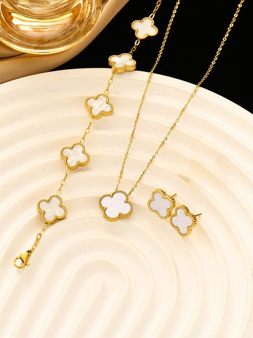 Jewels Galaxy Gold Plated White Anti Tarnish Clover Jewellery Set