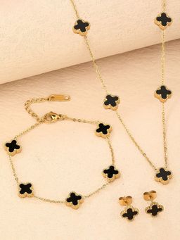Jewels Galaxy - Gold Plated Black Anti Tarnish Clover Jewellery Set