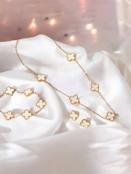 Jewels Galaxy - Gold Plated White Anti Tarnish Clover Jewellery Set
