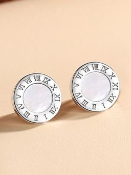 Jewels Galaxy - Silver Plated Roman Numerals White Center Anti Tarnish Stud Earrings