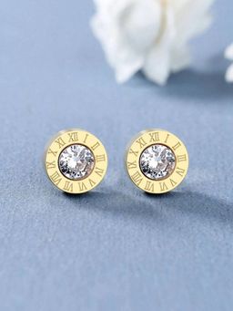Jewels Galaxy - Gold Plated Circular CZ Studded Roman Numerals Stud Earrings