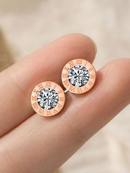 Jewels Galaxy - Rose Gold Plated Circular CZ Studded Roman Numerals Stud Earrings