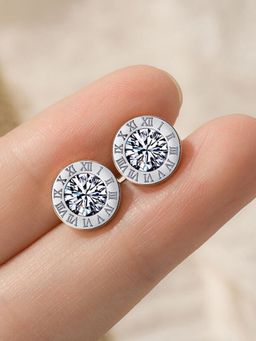 Jewels Galaxy - Silver Plated Circular CZ Studded Roman Numerals Stud Earrings