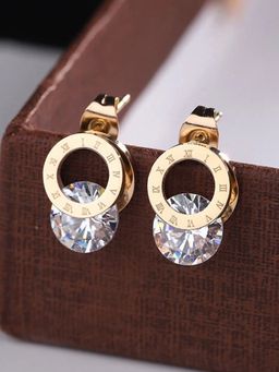 Jewels Galaxy - Gold Plated Circular CZ Studded Roman Numerals Drop Earrings
