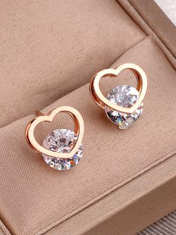 Jewels Galaxy - Rose Gold Plated CZ Studded Heart Themed Stud Earrings