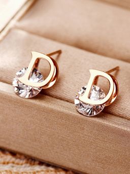 Jewels Galaxy - Rose Gold Plated CZ Studded Alphabetical Letter D Stud Earrings