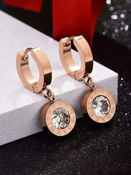 Jewels Galaxy - Rose Gold Plated Circular CZ Studded Roman Numerals Drop Earrings
