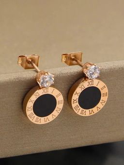 Jewels Galaxy - Rose Gold Plated CZ Studded Black Center Roman Numerals Stud Earrings