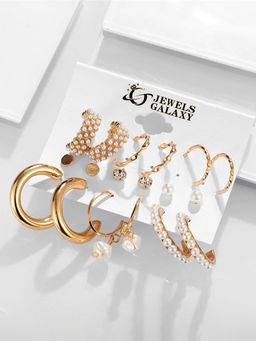 Jewels Galaxy - Gold-Plated Stone and Pearls Earrings Set of 9