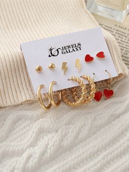 Jewels Galaxy - Gold Plated Stylish Red and Gold Earrings Set of 6