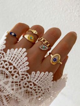 Jewels Galaxy - Multi-Color Evil Eye Gold Plated Rings Set of 5