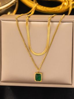Jewels Galaxy - Gold-Plated Anti Tarnish Green Emerald Geometric Layered Necklace