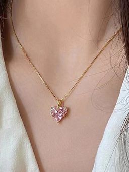 Jewels Galaxy - Gold-Plated Anti Tarnish Pink Heart CZ Pendant Necklace