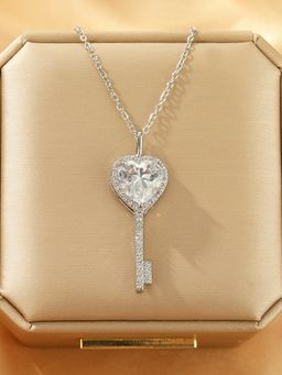 Jewels Galaxy - Silver Plated Anti Tarnish American Diamond Studded Heart Key Pendant Necklace