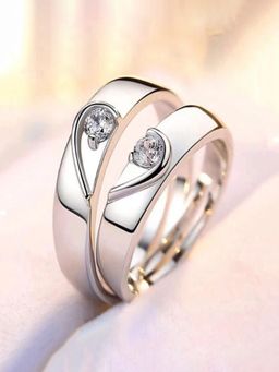 Jewels Galaxy - Silver Plated American Diamonds Studded Adjustable Heart Couple Rings