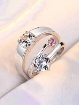 Jewels Galaxy - Silver Plated Pink American Diamonds Studded Adjustable Couple Rings
