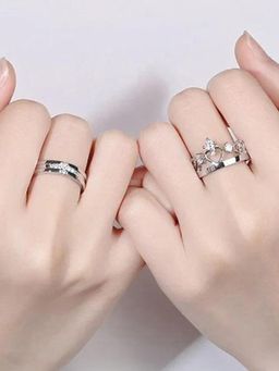 Jewels Galaxy - Silver Plated American Diamonds Studded Adjustable Heart Couple Rings