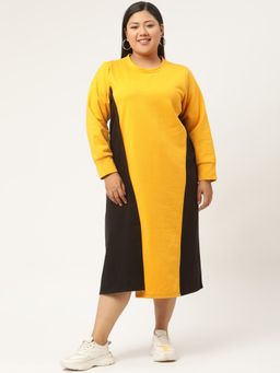 theRebelinme - Plus Size Women Mustard and Black Color Block A-Line Knitted Dress