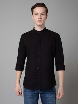 Cantabil - Men Black Solid Mandarin Collar Casual Shirt