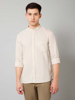 Cantabil - Men Beige Solid Mandarin Collar Casual Shirt