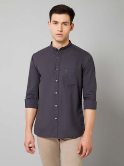 Cantabil - Men Dark Grey Solid Mandarin Collar Casual Shirt