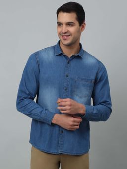 Cantabil - Men Blue Washed Spread Collar Casual Shirt