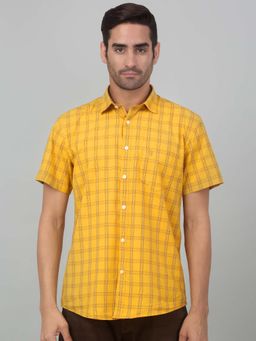 Cantabil - Men Mustard Checkered Spread Collar Casual Shirt