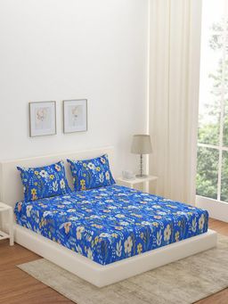At Home by Nilkamal - Aurora Botanic Floral Polyester Fitted Double Bedsheet (Blue)