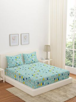 At Home by Nilkamal - Aurora Eden Geometric Polyester Fitted Double Bedsheet (Blue)