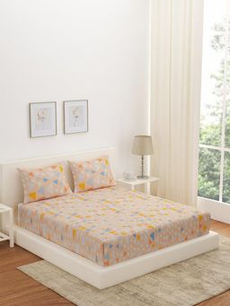 At Home by Nilkamal - Aurora Eden Geometric Polyester Fitted Double Bedsheet (Peach)