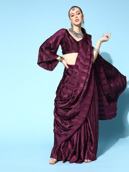 Tikhi Imli - Burgundy Accordion Pleated Crepe Ready to Wear Embellished Saree with Unstitched Blouse