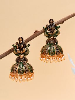 Karatcart - Antique Gold Plated Green Mata Laxmi Jhumki Earrings for Women