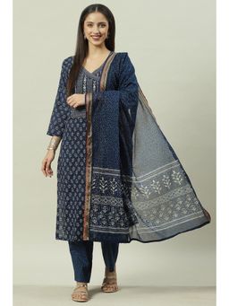 Biba - Blue Cotton Unstitched Suit (Set of 3)