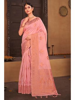 Sangam Prints - Pink Cotton Woven Zari Work Traditional Tassel Saree with Unstitched Blouse