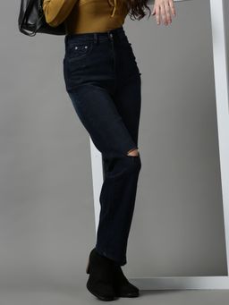 SHOWOFF - Womens Slash Knee Wide Leg Navy Blue Denim Jeans