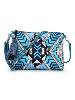 Anekaant - Boho Blue & Multi Cotton Jacquard & Canvas Geometric Embellished Sling Bag