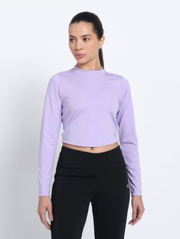 CLOTHWIK - Lavender Solid Round Neck Full Sleeve Crop T-Shirt