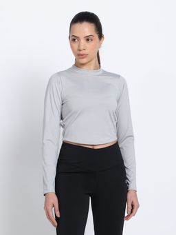 CLOTHWIK - Grey Solid Round Neck Full Sleeve Crop T-Shirt