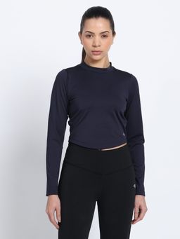 CLOTHWIK - Navy Blue Solid Round Neck Full Sleeve Crop T-Shirt