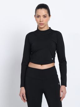 CLOTHWIK - Black Solid Round Neck Full Sleeve Crop T-Shirt